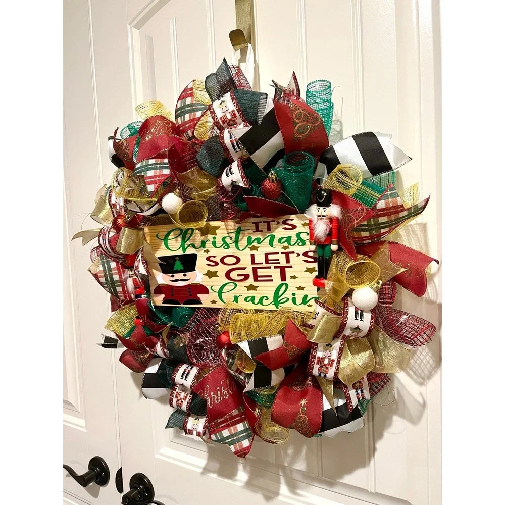 Christmas Nutcracker Holiday Ribbon Door Wreath Handmade 22 ins LED W4